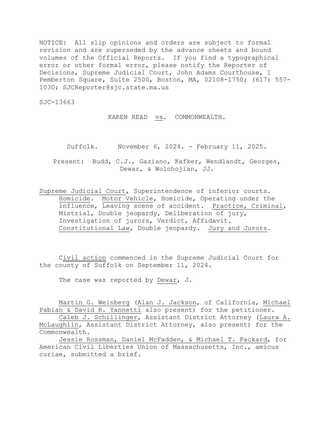 First page of Read v. Commonwealth, SJC-13663, showing the court and decision date.
