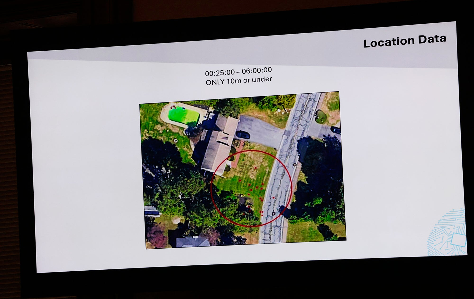 A courtroom display showing an aerial map, red location points and a stated 10-metre accuracy filter.