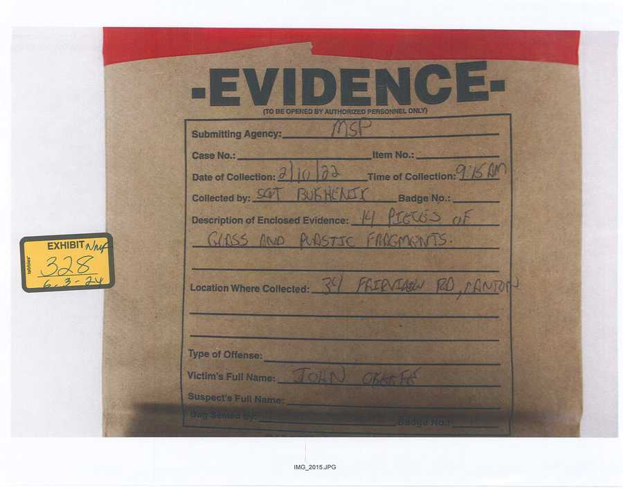 An evidence bag with handwritten collection details and a 2024 exhibit 328 sticker.